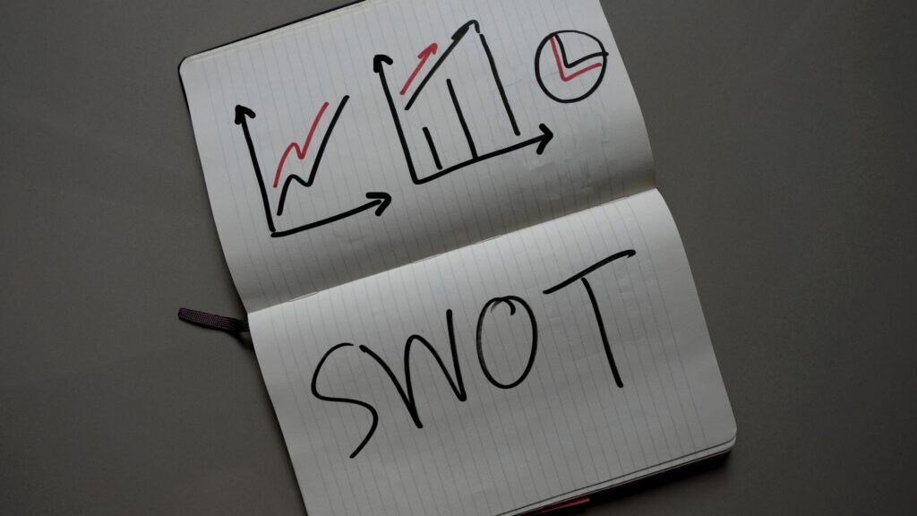 Strengths, Weaknesses, Opportunities, Threats analysis written note. SWOT Analysis.